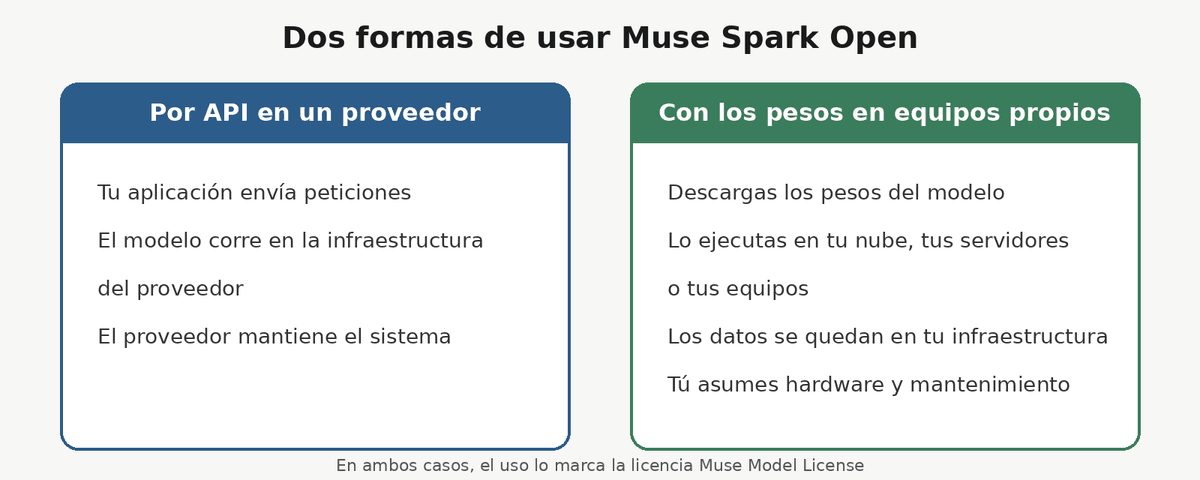 Esquema que compara el uso de Muse Spark Open por API en un proveedor externo frente a la descarga de los pesos para ejecutarlo en servidores o equipos propios